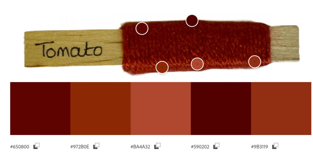 Yarn peg showing areas of sampled colours