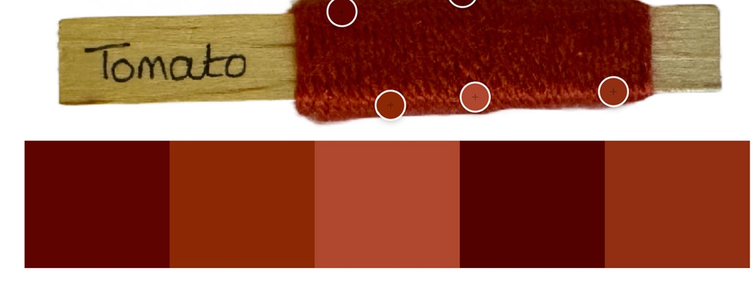Yarn peg showing areas of sampled colours